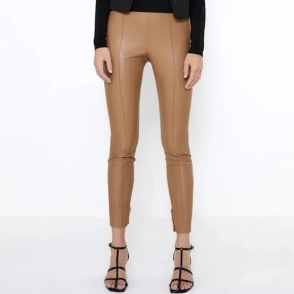 Zara Tan Faux Leather Ankle Length Leggings - Picture 1 of 7